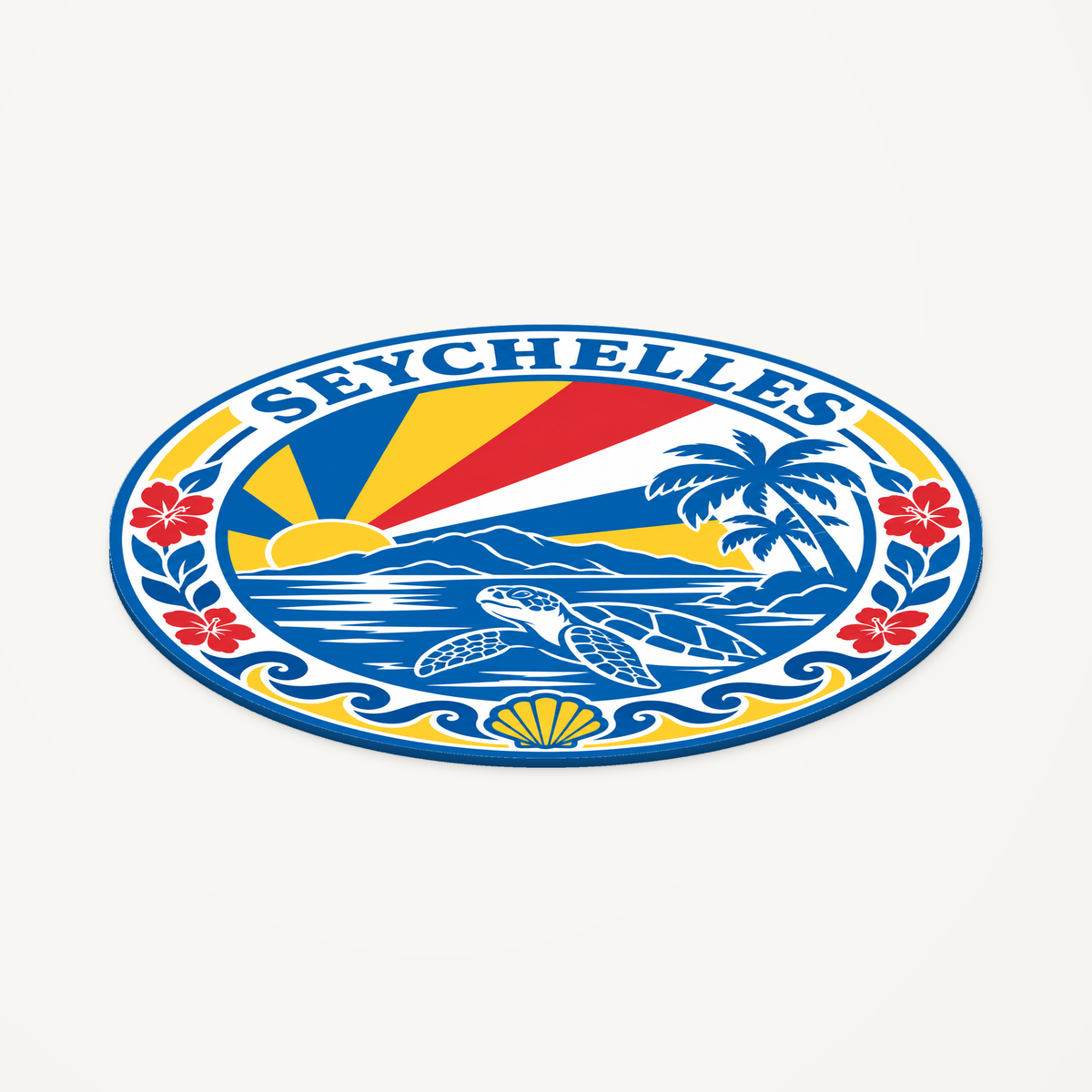 Angled view showing the thin profile of the Seychelles 3D-printed country seal