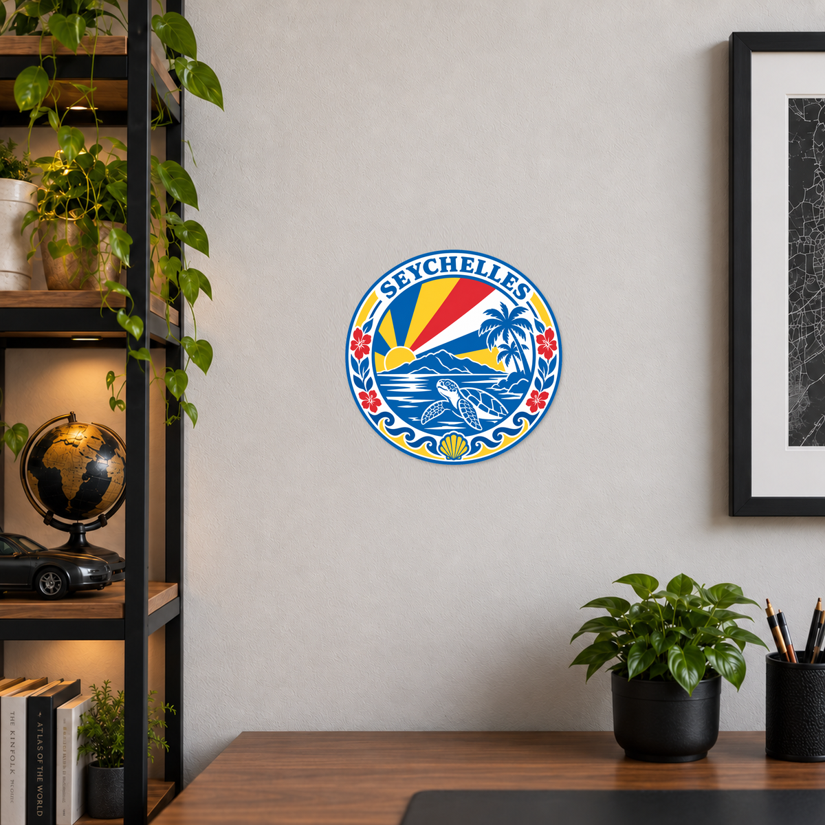 Seychelles 3D-printed country seal displayed on a home office wall at approximately 9.5 inches across