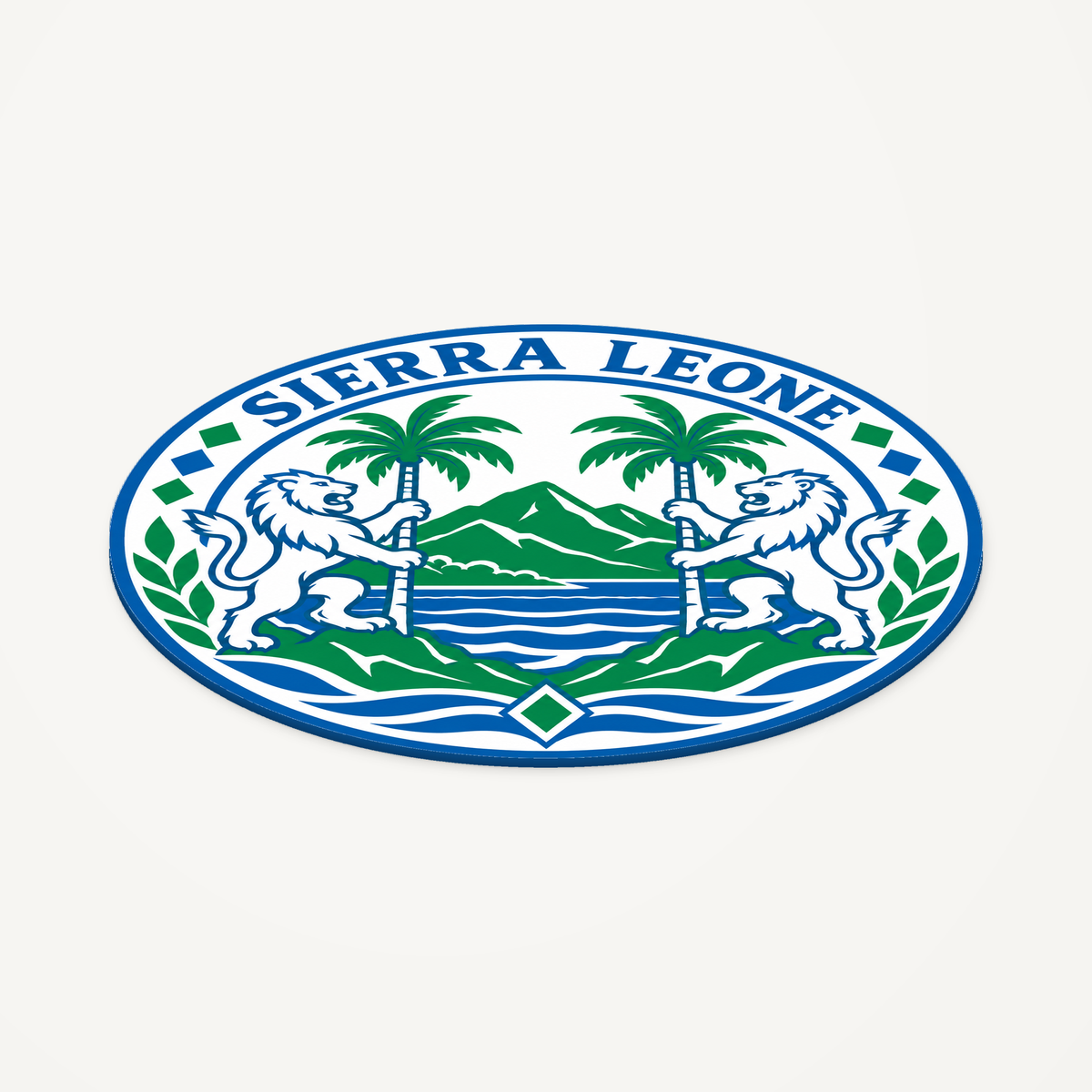 Angled view showing the thin profile of the Sierra Leone 3D-printed country seal