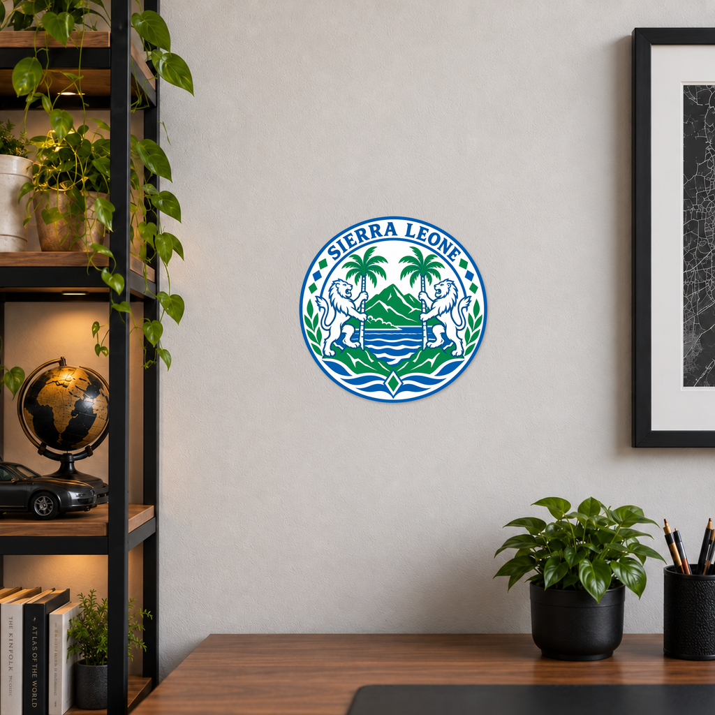 Sierra Leone 3D-printed country seal displayed on a home office wall at approximately 9.5 inches across