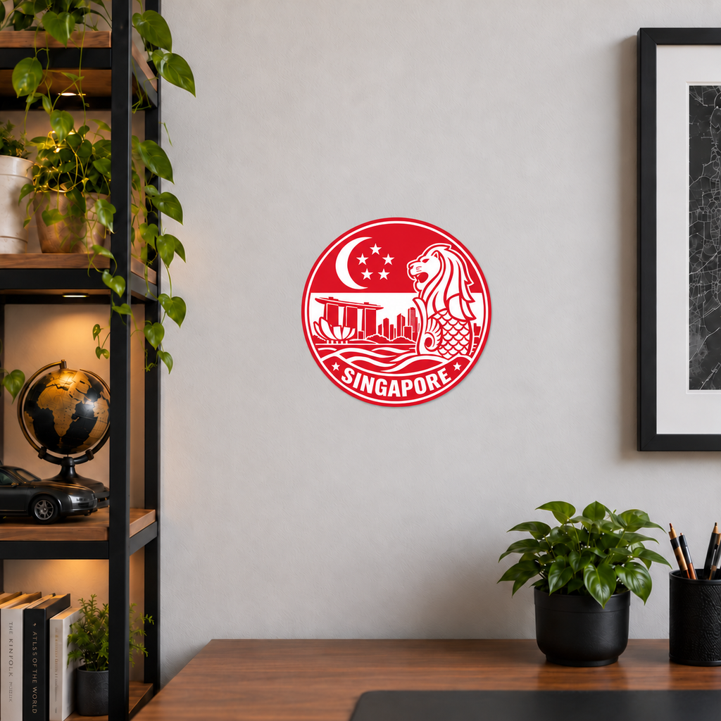 Singapore 3D-printed country seal displayed on a home office wall at approximately 9.5 inches across