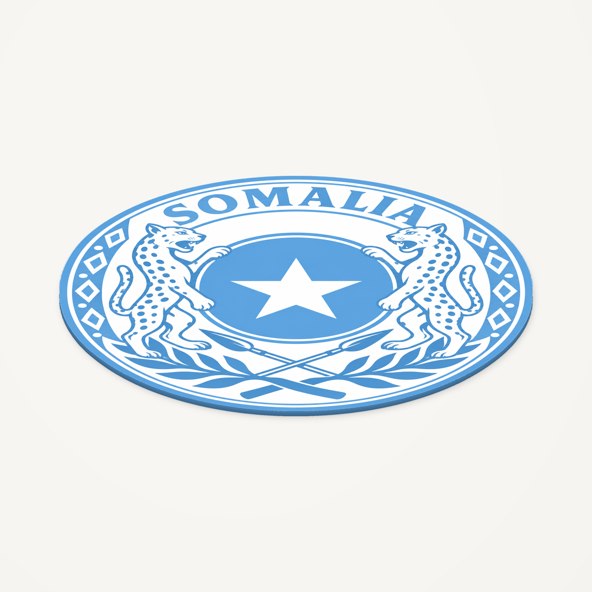 Angled view showing the thin profile of the Somalia 3D-printed country seal