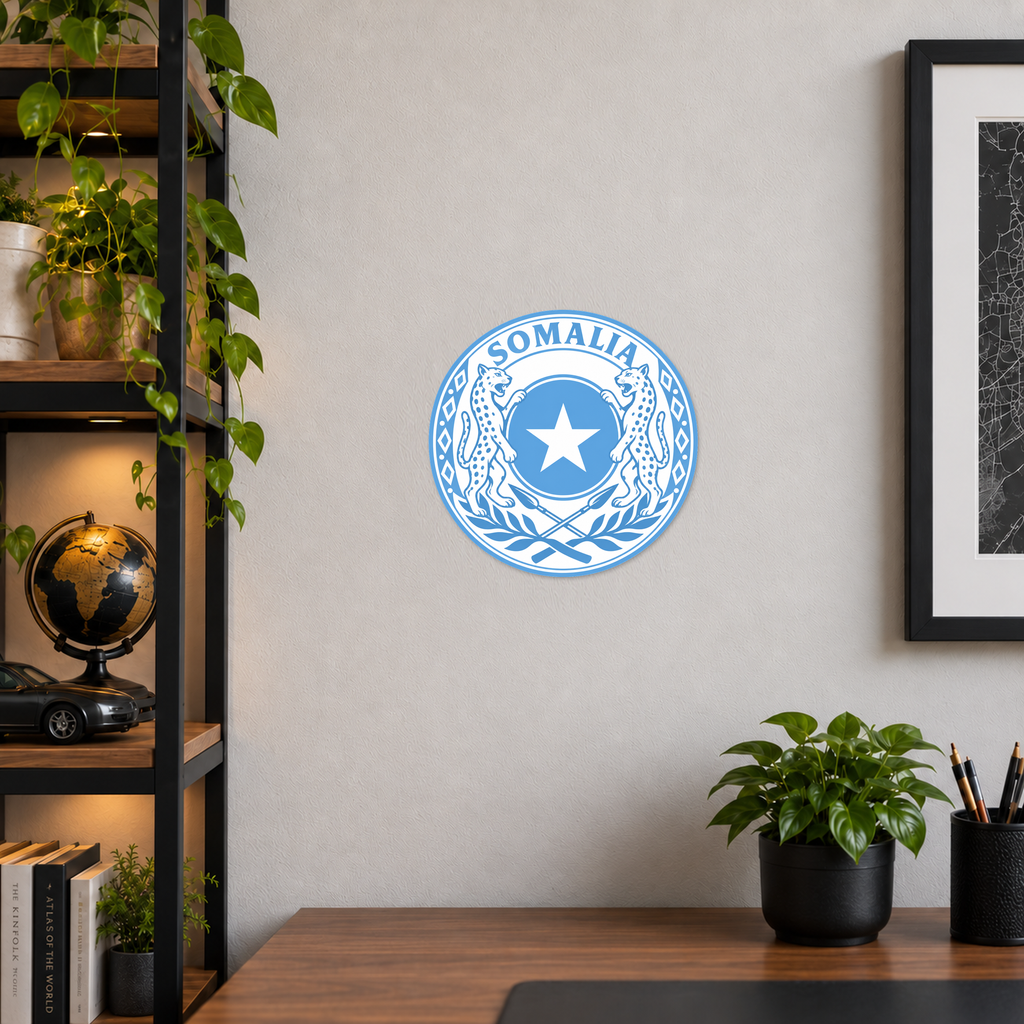 Somalia 3D-printed country seal displayed on a home office wall at approximately 9.5 inches across
