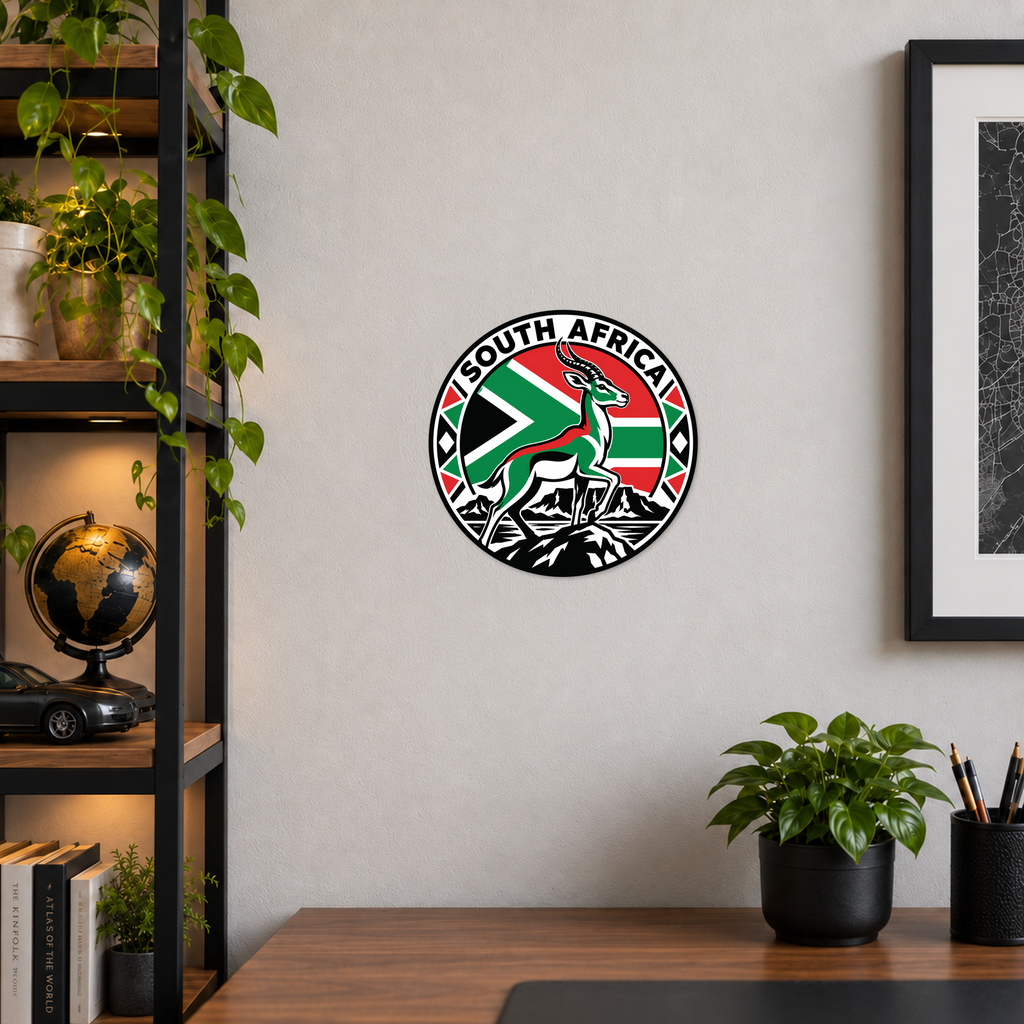 South Africa 3D-printed country seal displayed on a home office wall at approximately 9.5 inches across