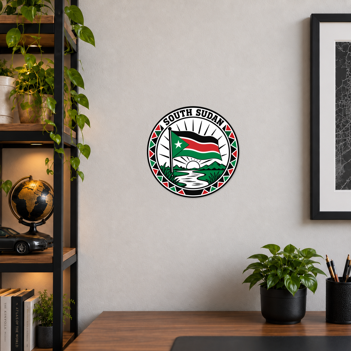 South Sudan 3D-printed country seal displayed on a home office wall at approximately 9.5 inches across