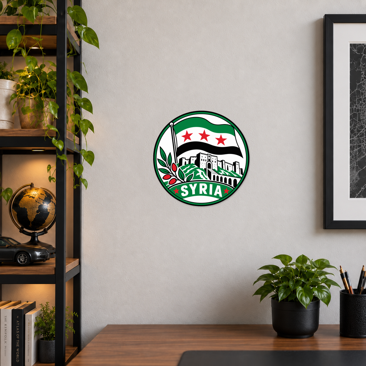 Syria 3D-printed country seal displayed on a home office wall at approximately 9.5 inches across