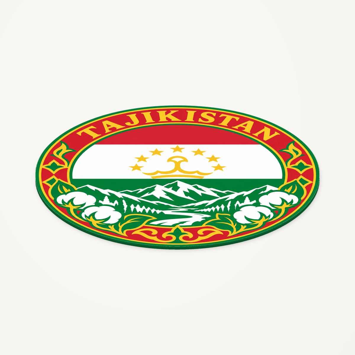 Angled view showing the thin profile of the Tajikistan 3D-printed country seal