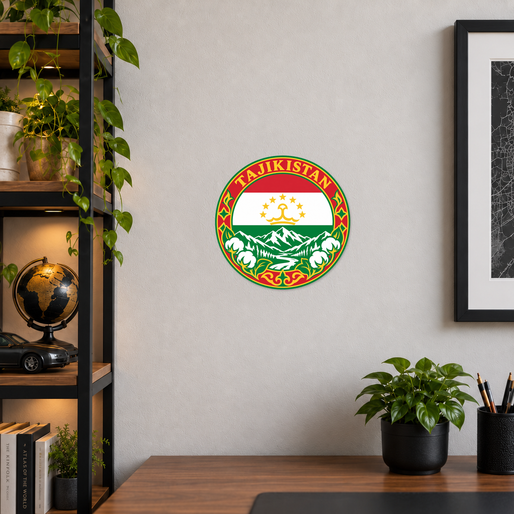Tajikistan 3D-printed country seal displayed on a home office wall at approximately 9.5 inches across