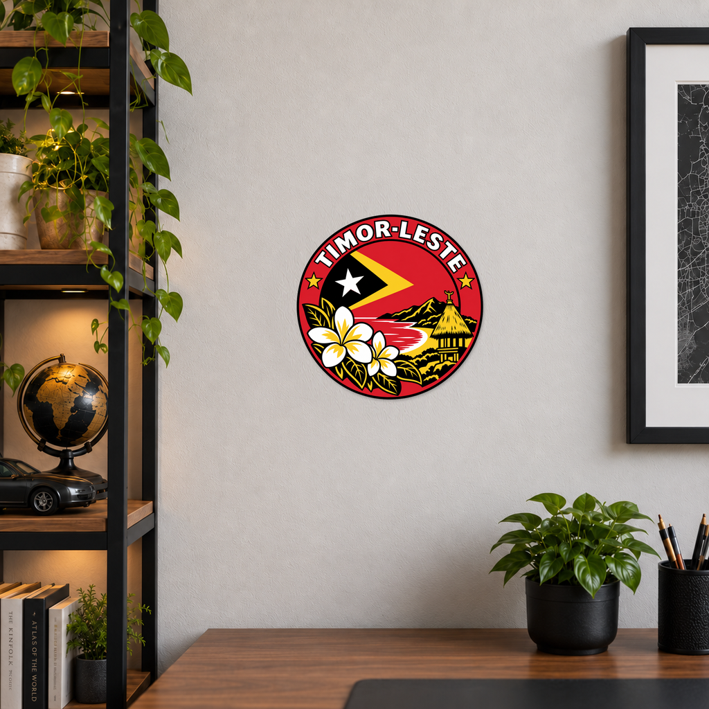Timor-Leste 3D-printed country seal displayed on a home office wall at approximately 9.5 inches across