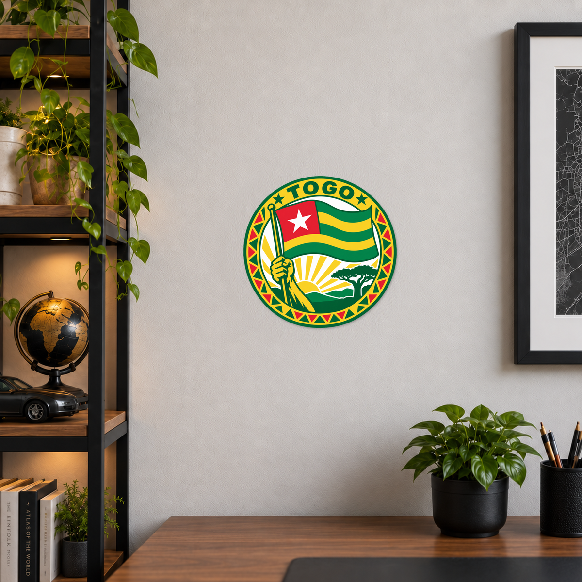Togo 3D-printed country seal displayed on a home office wall at approximately 9.5 inches across