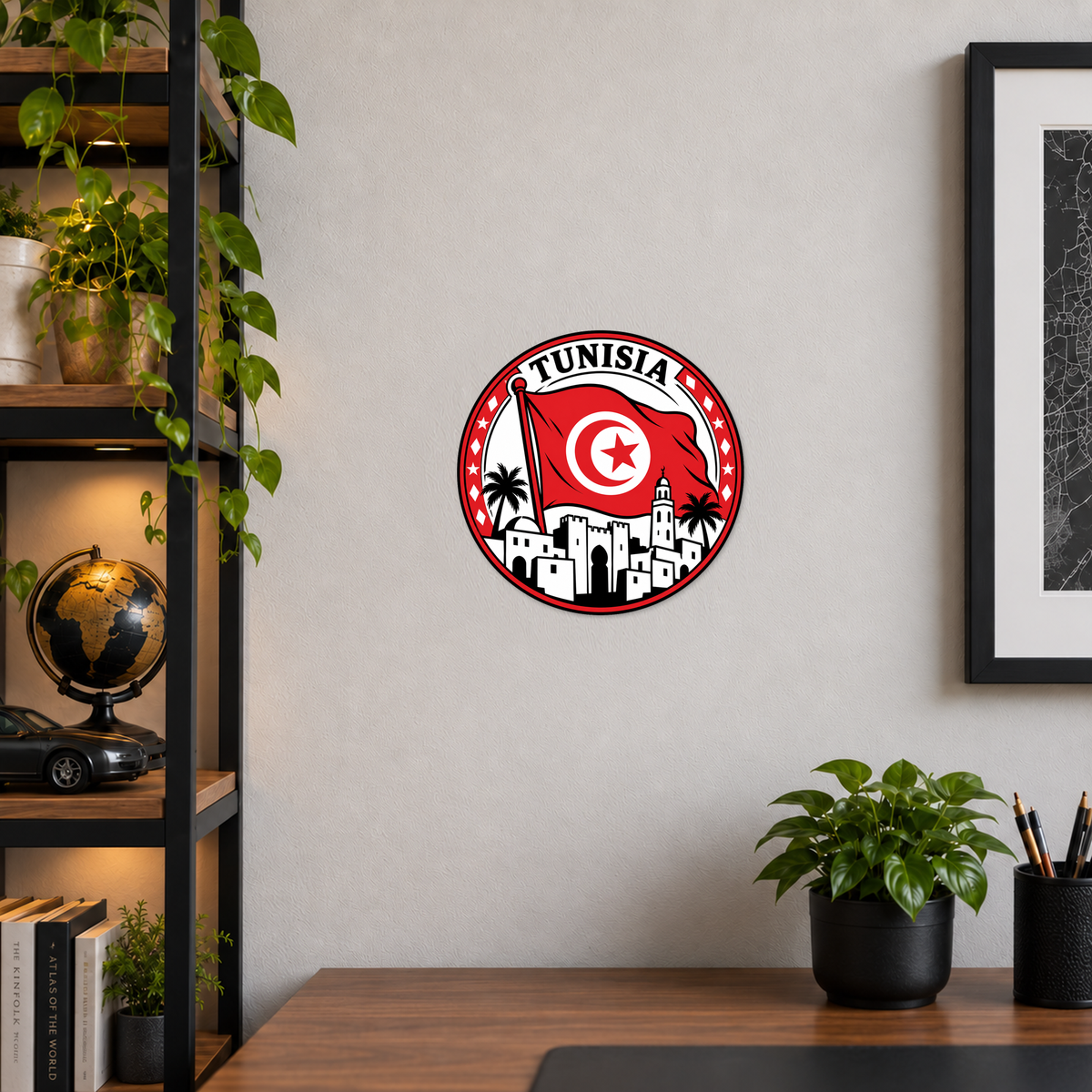 Tunisia 3D-printed country seal displayed on a home office wall at approximately 9.5 inches across