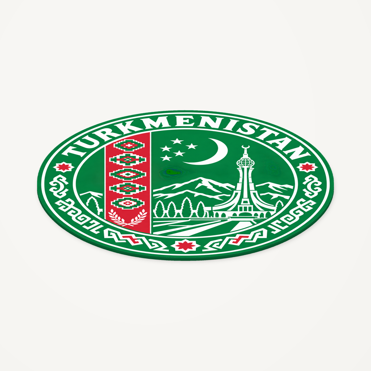 Angled view showing the thin profile of the Turkmenistan 3D-printed country seal