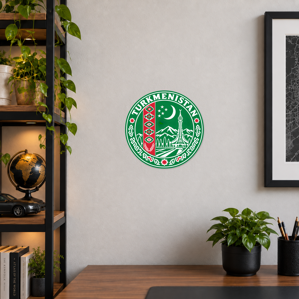 Turkmenistan 3D-printed country seal displayed on a home office wall at approximately 9.5 inches across