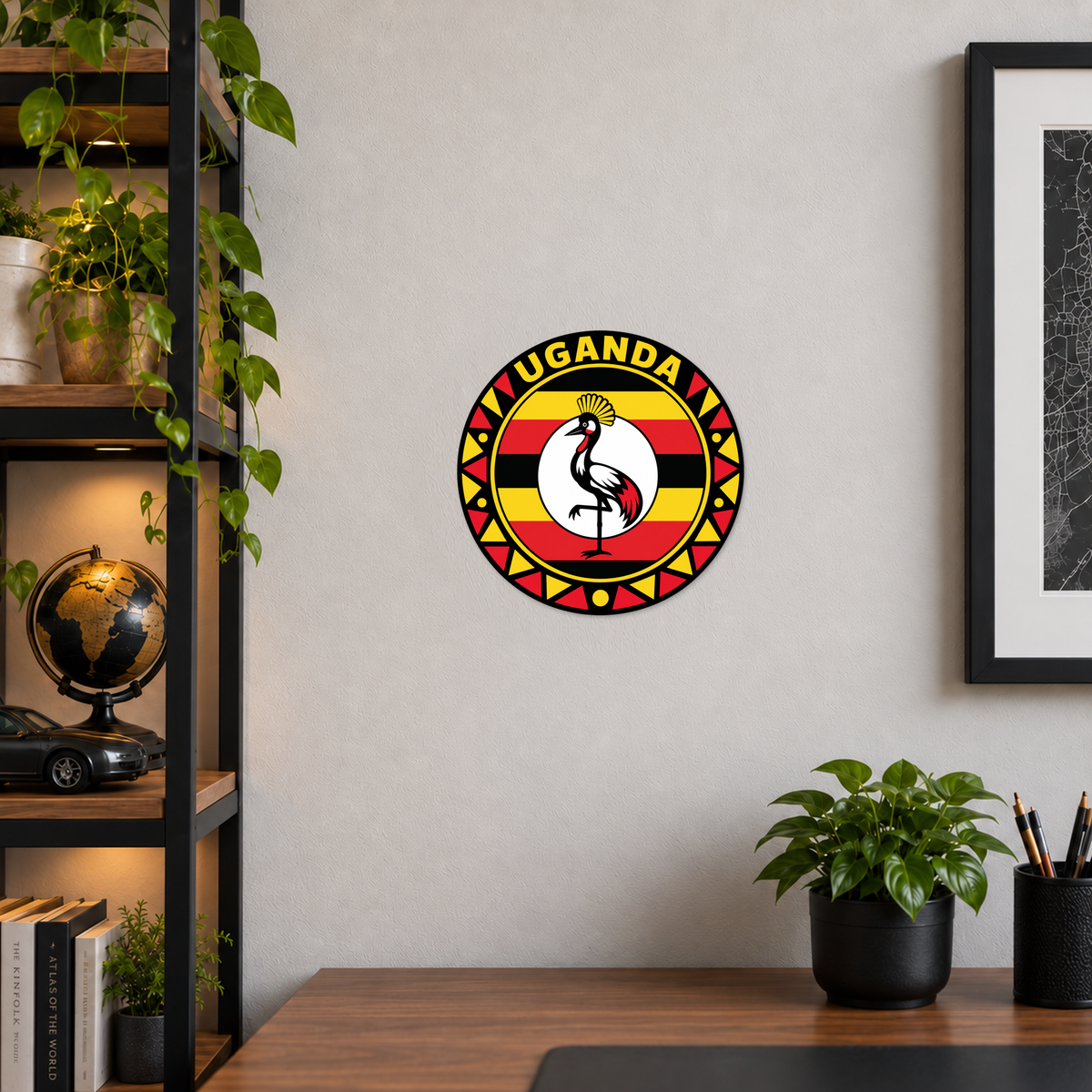 Uganda 3D-printed country seal displayed on a home office wall at approximately 9.5 inches across