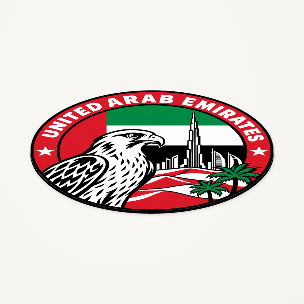 Angled view showing the thin profile of the United Arab Emirates 3D-printed country seal