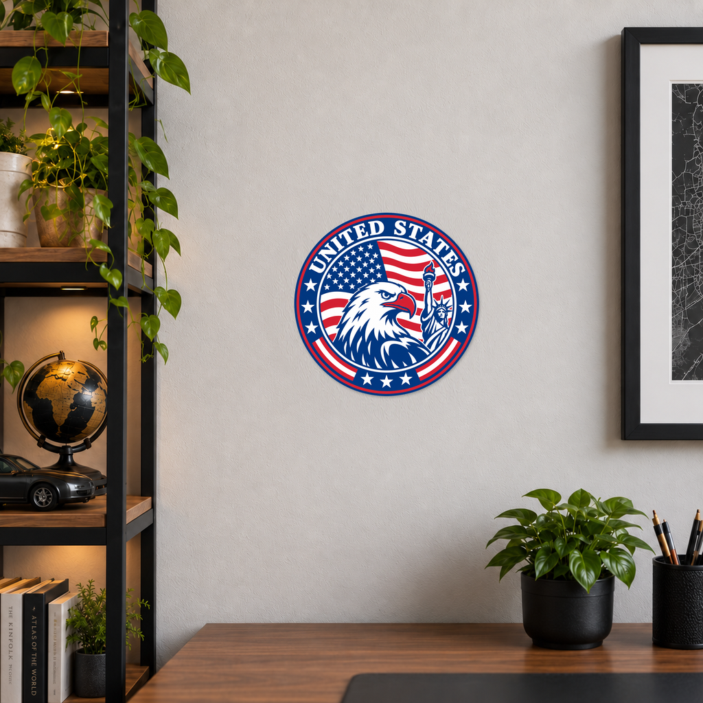 Illustrative render: United States 3D-printed country seal displayed on a home office wall at approximately 9.5 inches across