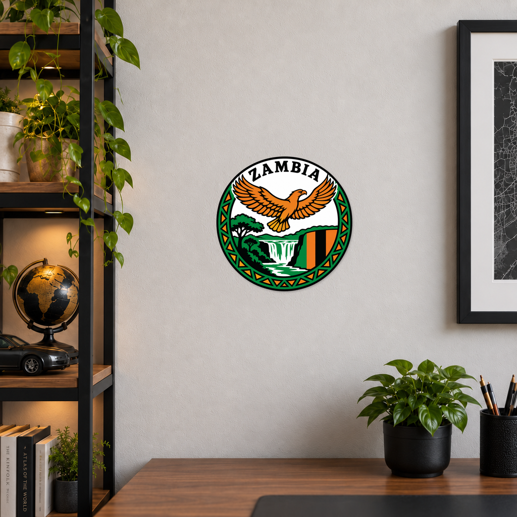 Zambia 3D-printed country seal displayed on a home office wall at approximately 9.5 inches across