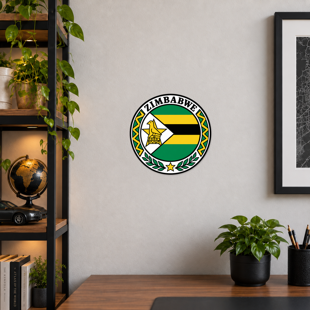 Zimbabwe 3D-printed country seal displayed on a home office wall at approximately 9.5 inches across