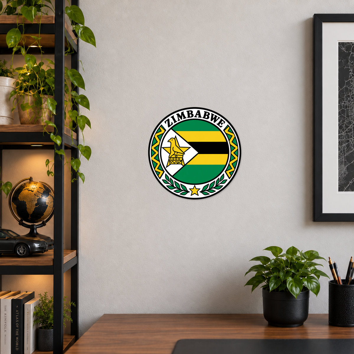 Zimbabwe 3D-printed country seal displayed on a home office wall at approximately 9.5 inches across