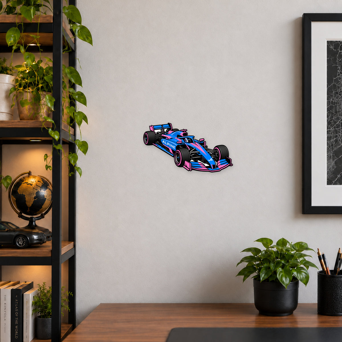 Alpine F1 Car Sign — example wall display; illustrative rendering