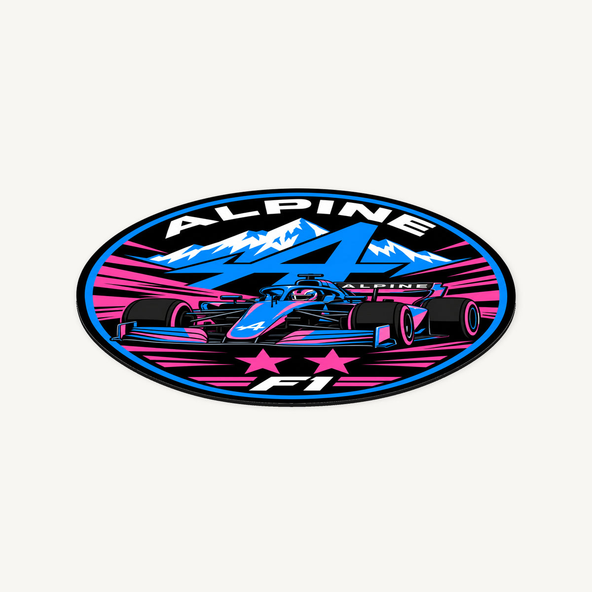 Alpine F1 Team Seal — angled view showing the thin plaque profile; illustrative rendering
