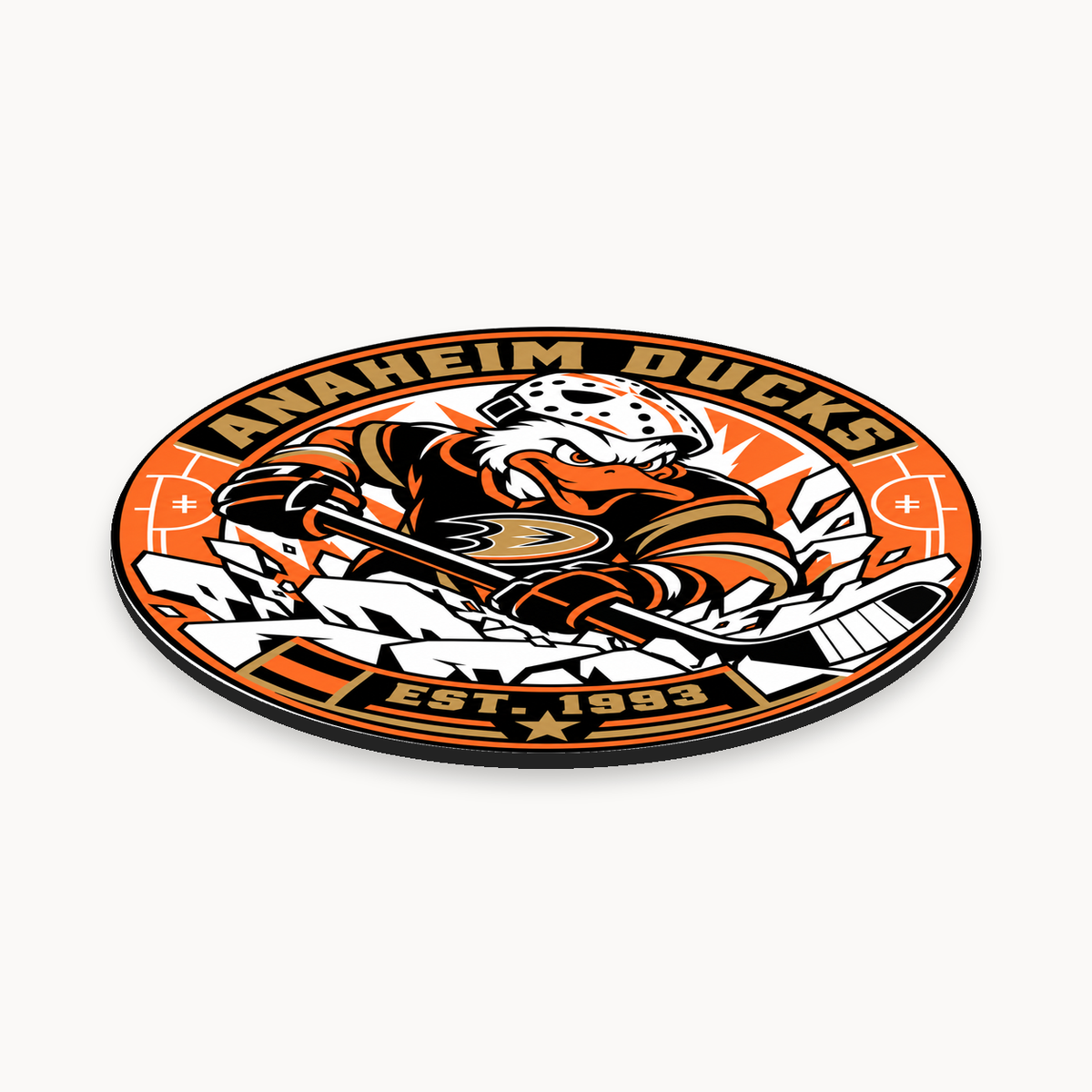 Anaheim Ducks NHL seal — angled thin-profile view; illustrative rendering