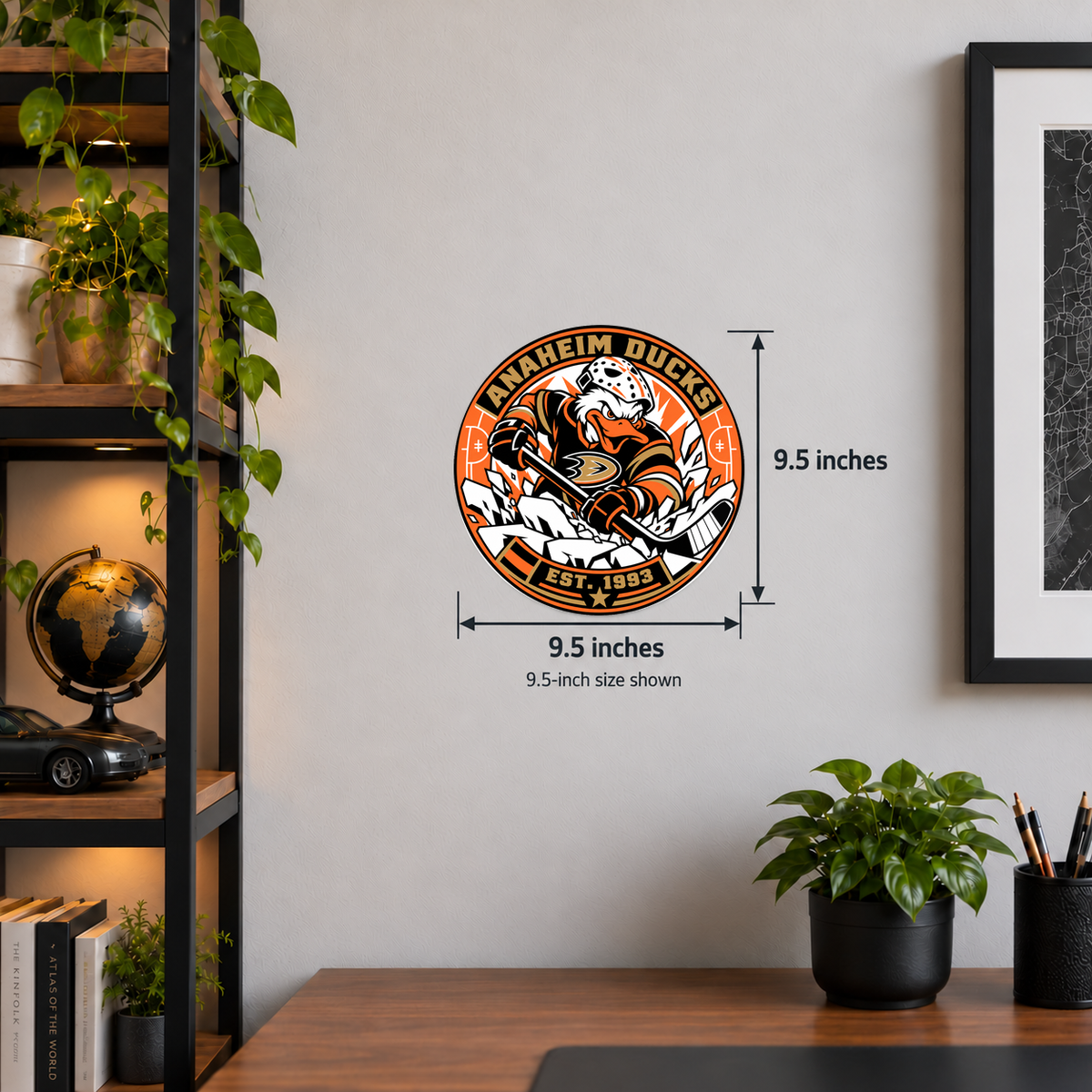 Anaheim Ducks NHL seal — wall display with 9.5-inch measurements; 9.5-inch size shown; illustrative rendering