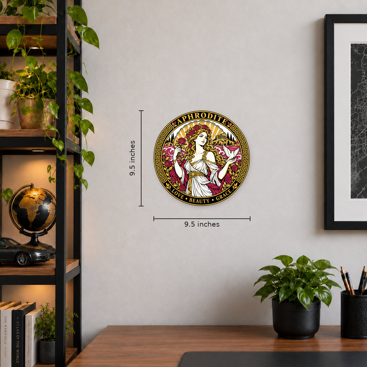 Aphrodite Greek Mythology Seal — example wall display with 9.5-inch guides; illustrative rendering