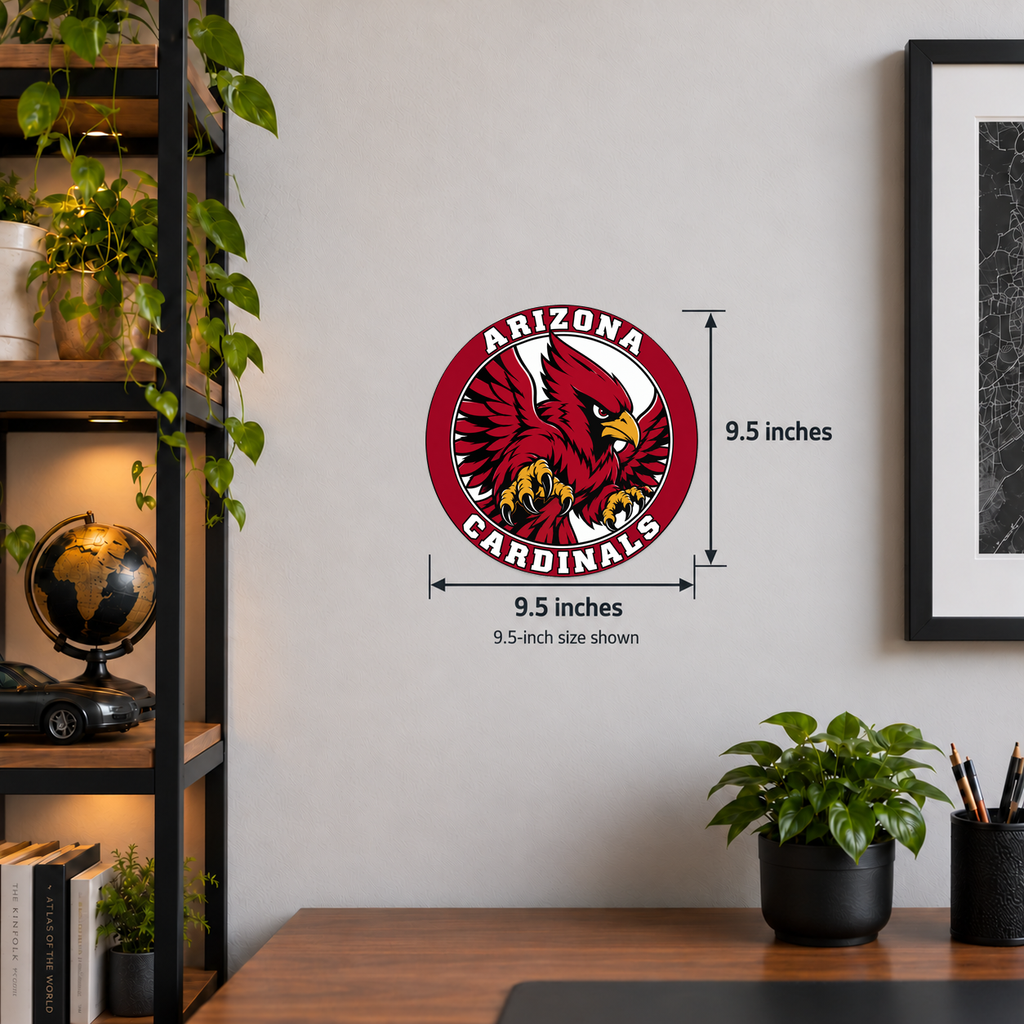 Arizona Cardinals NFL seal — wall display with 9.5-inch measurements; 9.5-inch size shown; illustrative rendering