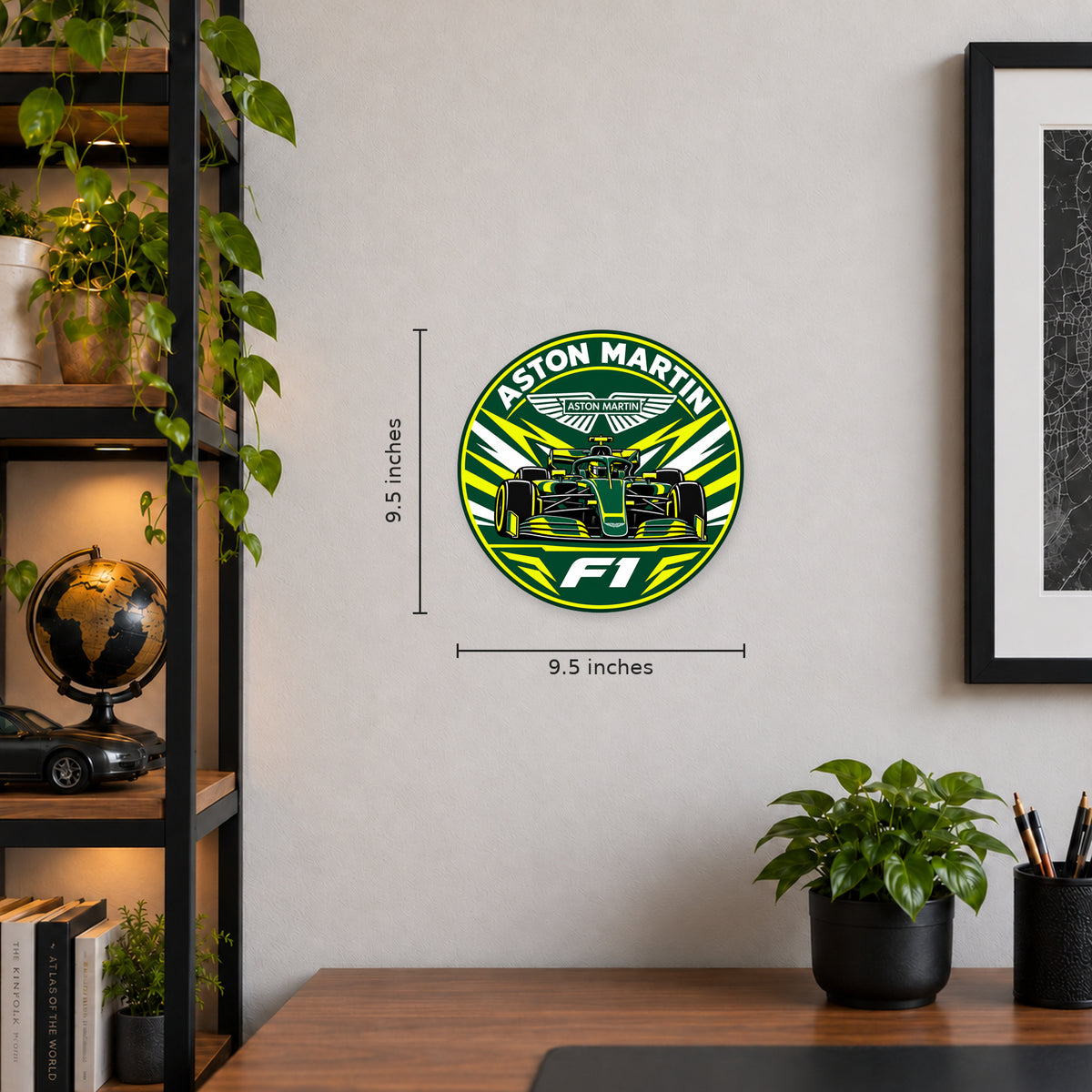 Aston Martin F1 Team Seal — example wall display with 9.5-inch width and height guides; illustrative rendering