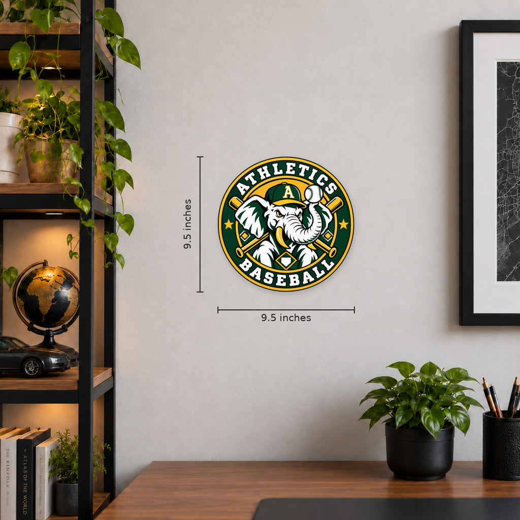 Athletics MLB Team Seal — example wall display with 9.5-inch width and height guides; illustrative rendering