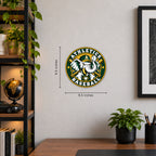 Athletics MLB Team Seal — example wall display with 9.5-inch width and height guides; illustrative rendering