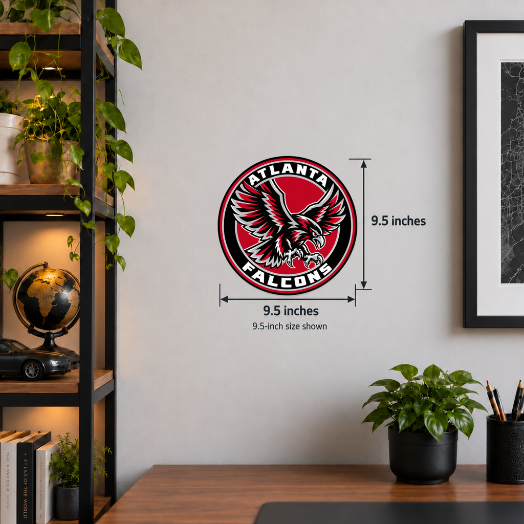Atlanta Falcons NFL seal — wall display with 9.5-inch measurements; 9.5-inch size shown; illustrative rendering
