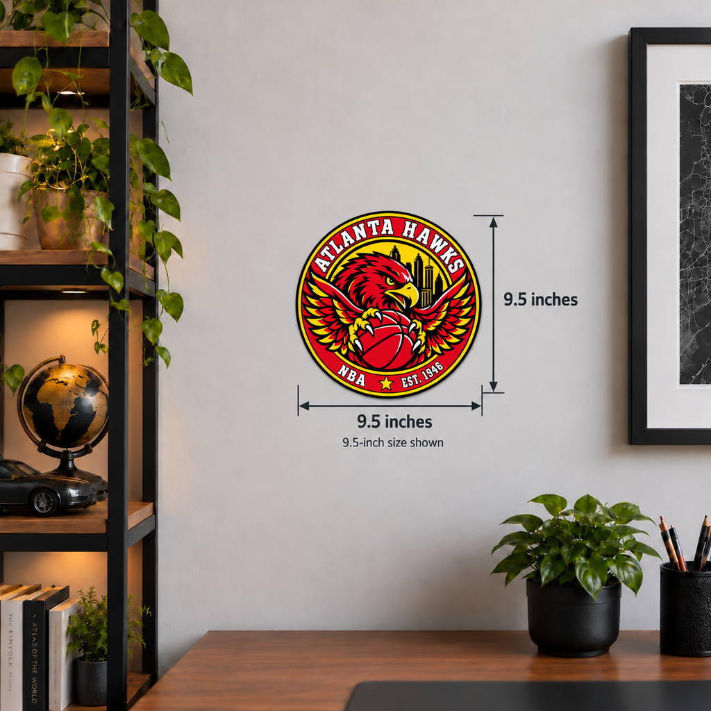 Atlanta Hawks NBA Seal — wall display with width and height measurements of 9.5 inches; 9.5-inch size shown