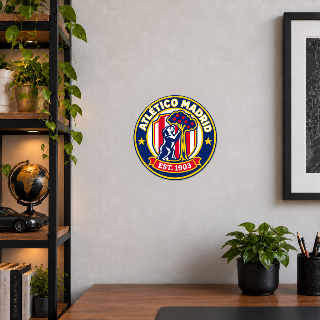 Atlético Madrid soccer club seal — matching wide office wall display illustrative rendering