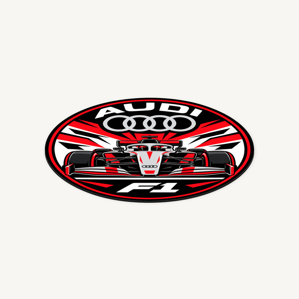 Audi F1 Team Seal — angled view showing the thin plaque profile; illustrative rendering