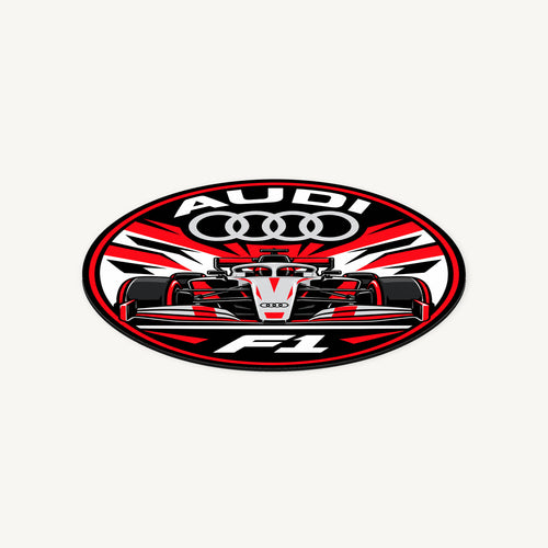 Audi F1 Team Seal — angled view showing the thin plaque profile; illustrative rendering