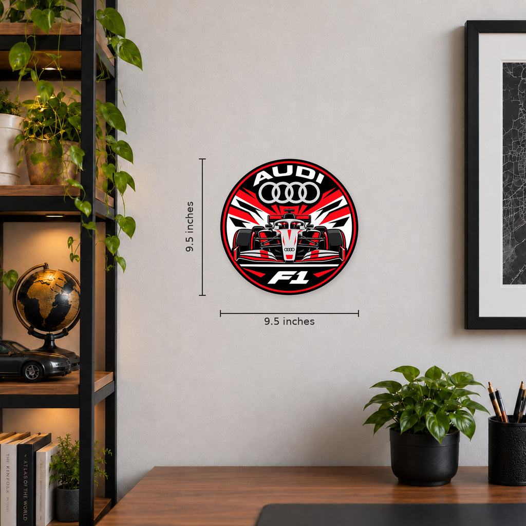 Audi F1 Team Seal — example wall display with 9.5-inch width and height guides; illustrative rendering