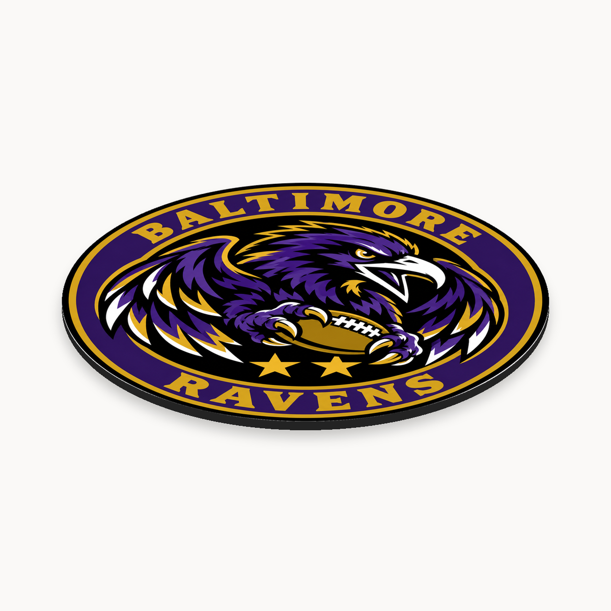 Baltimore Ravens NFL seal — angled thin-profile view; illustrative rendering