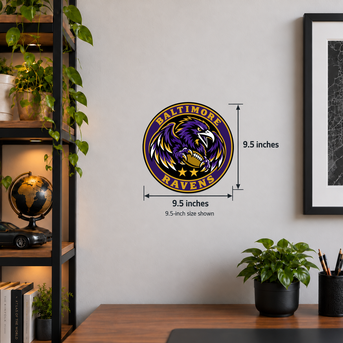 Baltimore Ravens NFL seal — wall display with 9.5-inch measurements; 9.5-inch size shown; illustrative rendering