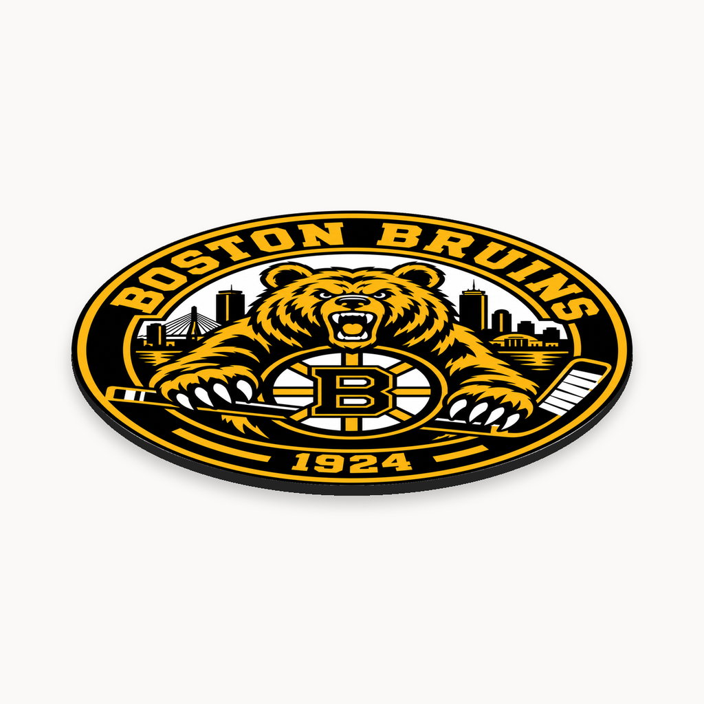 Boston Bruins NHL seal — angled thin-profile view; illustrative rendering