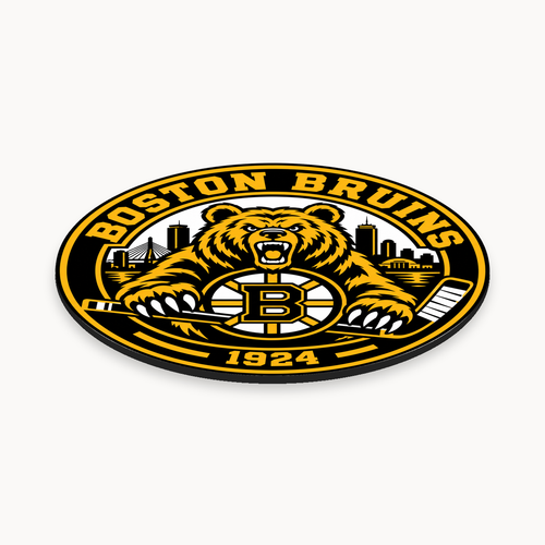 Boston Bruins NHL seal — angled thin-profile view; illustrative rendering