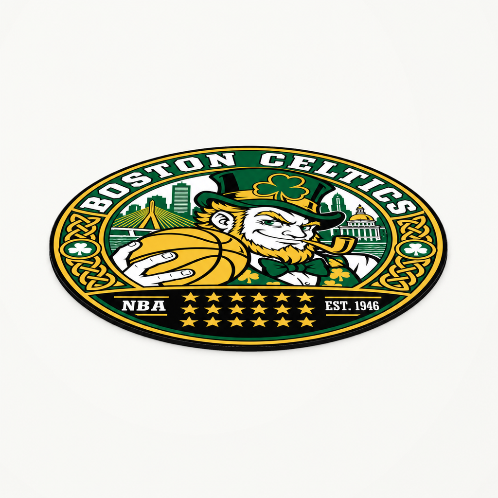 Boston Celtics 3D-printed NBA seal — angled view showing the thin profile; illustrative rendering