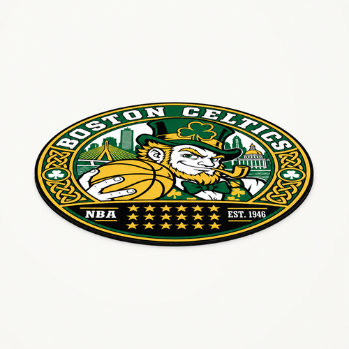 Boston Celtics 3D-printed NBA seal — angled view showing the thin profile; illustrative rendering