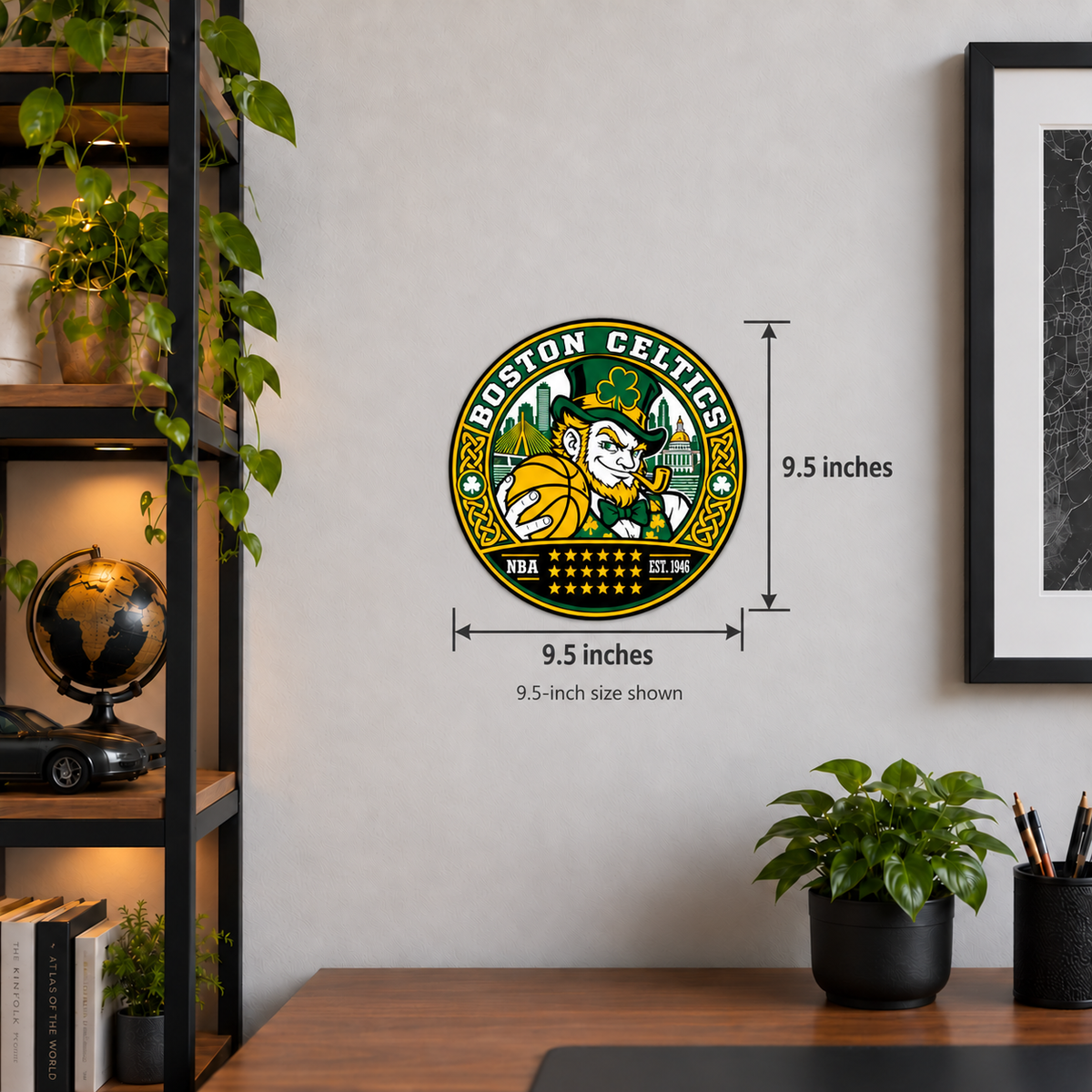 Boston Celtics NBA Seal — wall display with horizontal width and vertical height measurements of 9.5 inches; 9.5-inch size shown