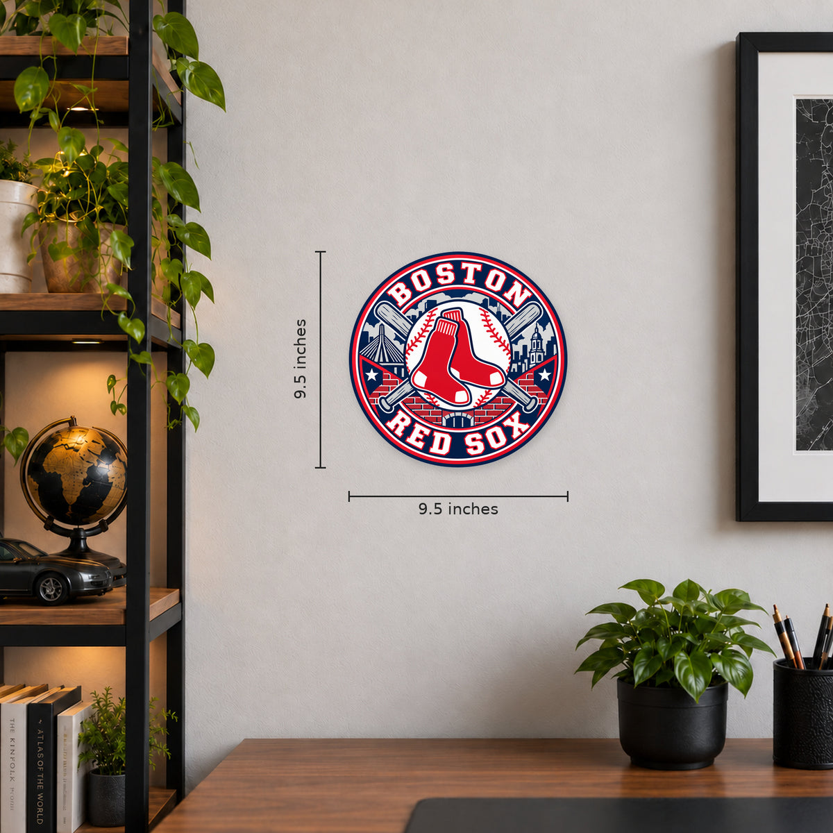 Boston Red Sox MLB Team Seal — example wall display with 9.5-inch width and height guides; illustrative rendering