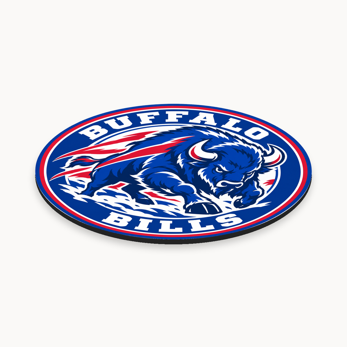 Buffalo Bills NFL seal — angled thin-profile view with complete outer ring; illustrative rendering