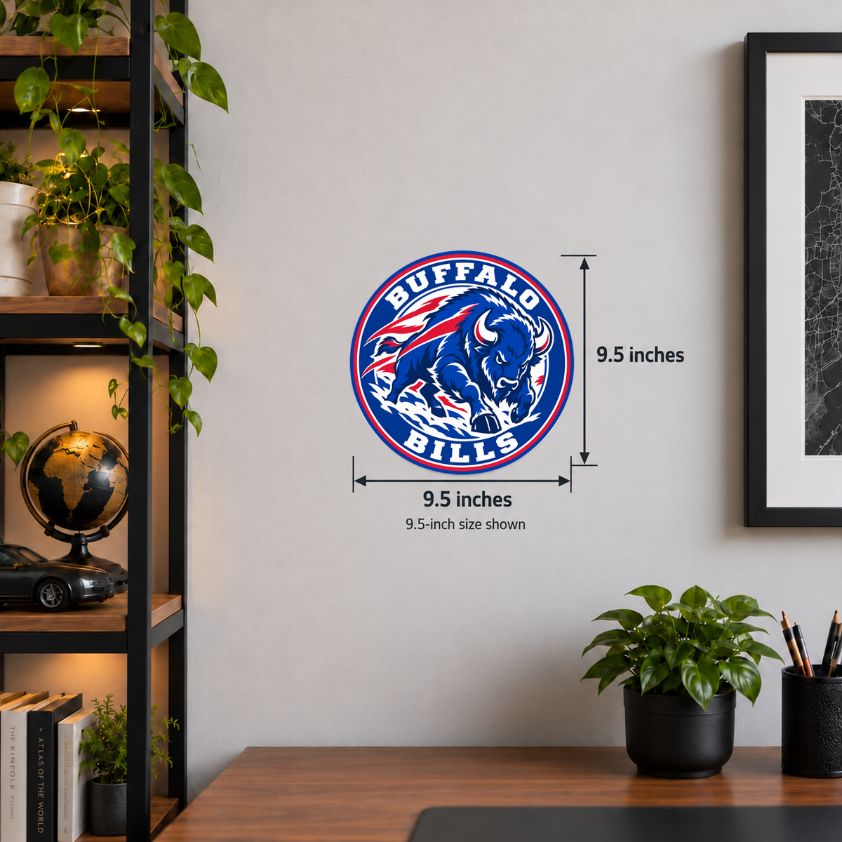 Buffalo Bills NFL seal — wall display with 9.5-inch measurements; 9.5-inch size shown; illustrative rendering
