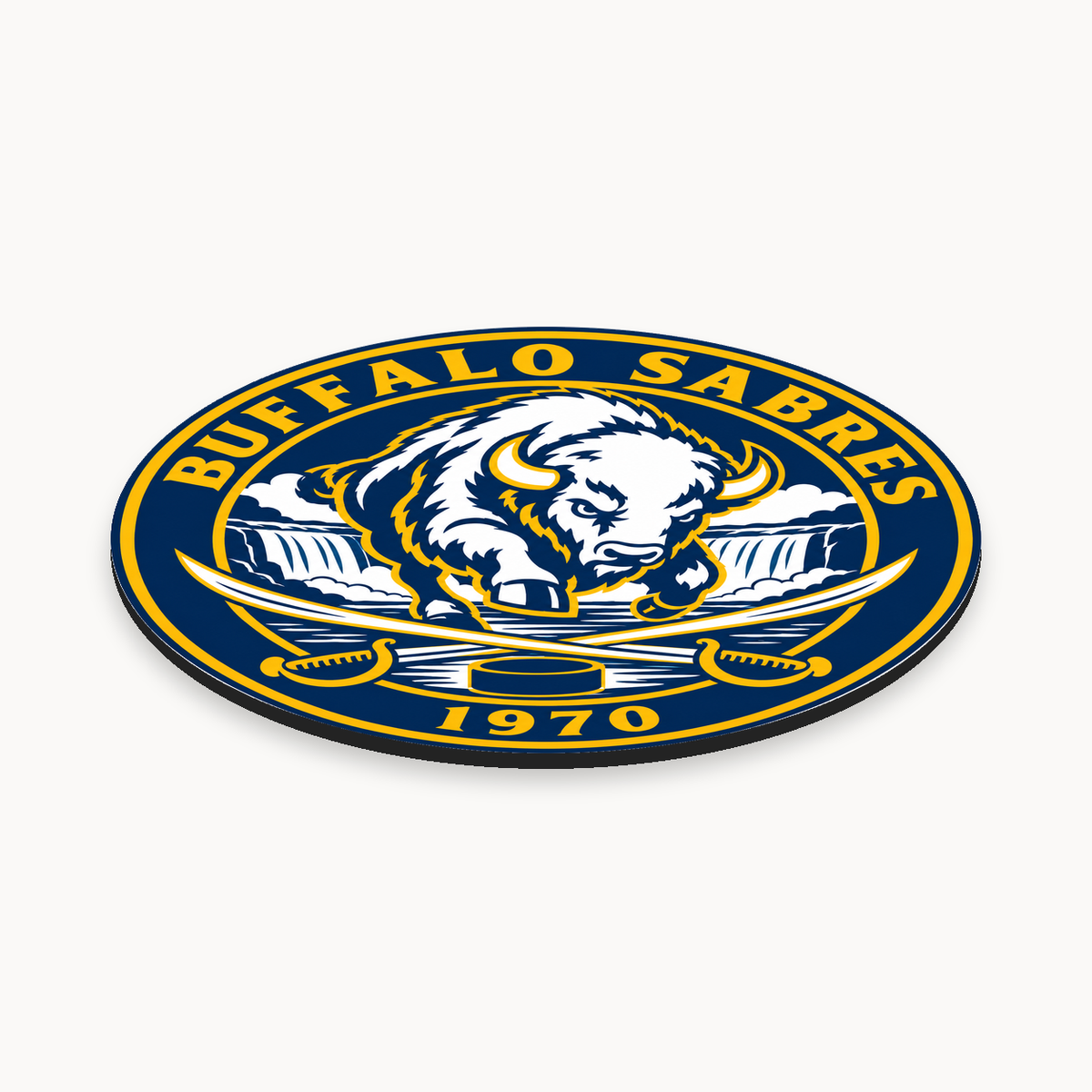 Buffalo Sabres NHL seal — angled thin-profile view; illustrative rendering