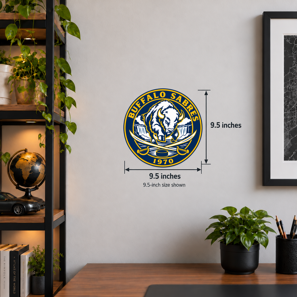 Buffalo Sabres NHL seal — wall display with 9.5-inch measurements; 9.5-inch size shown; illustrative rendering